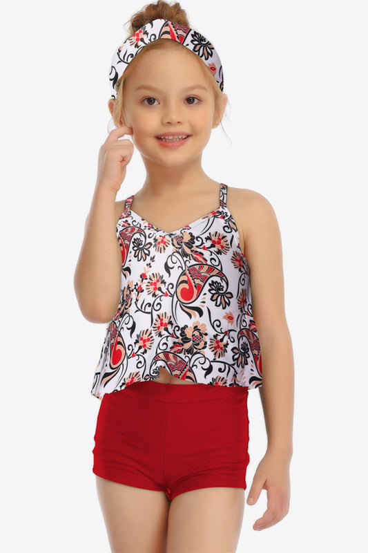 Floral Crisscross Cami and Shorts Swim Set  Sunset and Swim Deep Red 4T 
