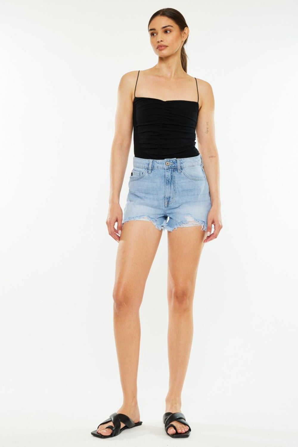 Kancan Raw Hem Distressed High Waist Denim Shorts Sunset and Swim   