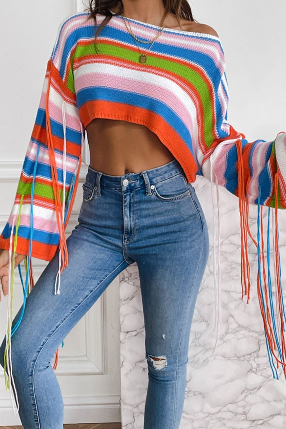 Fringe Striped Round Neck Knit Top Sunset and Swim Orange-Red S 