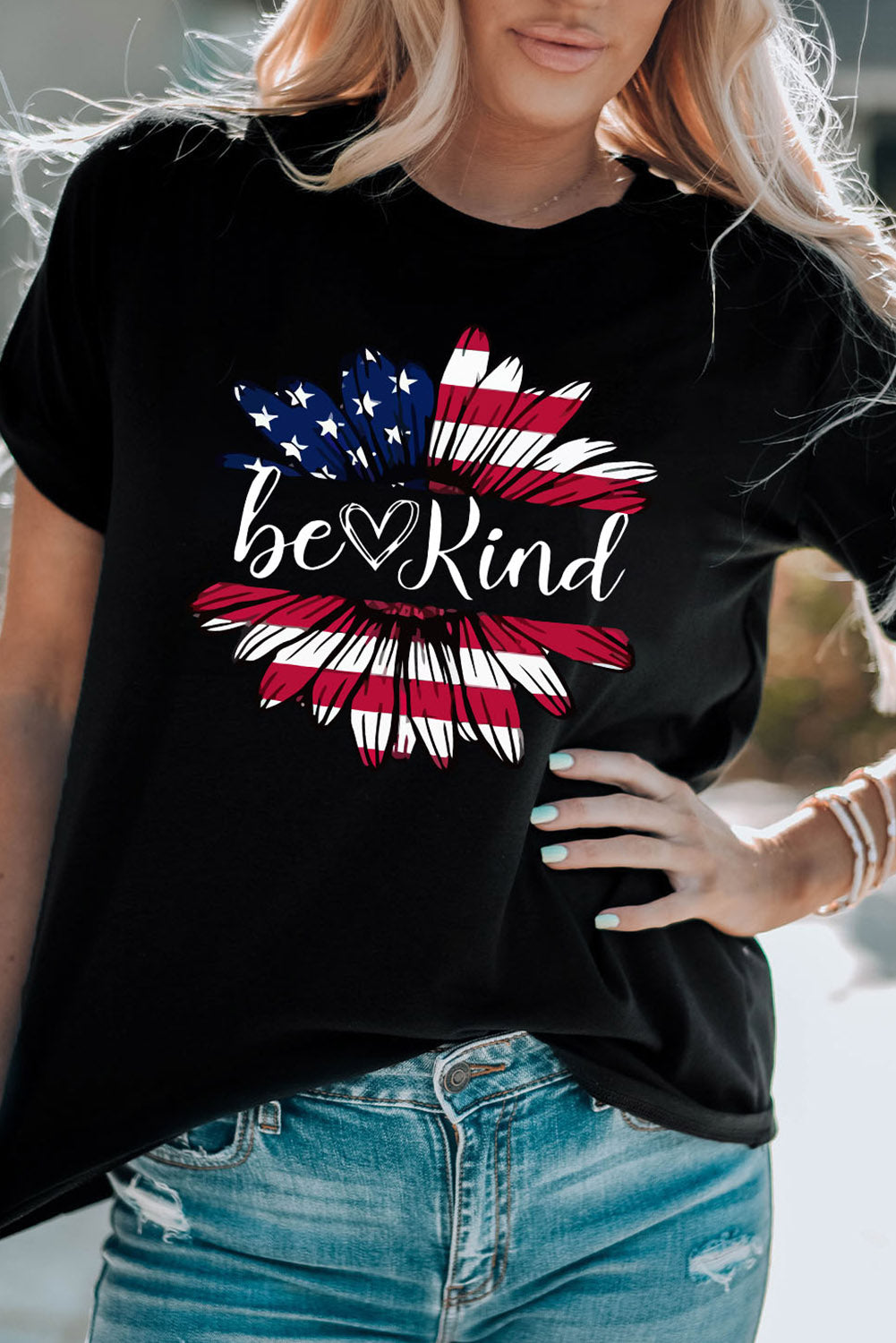 BE KIND US Flag Graphic Round Neck Tee Sunset and Swim   