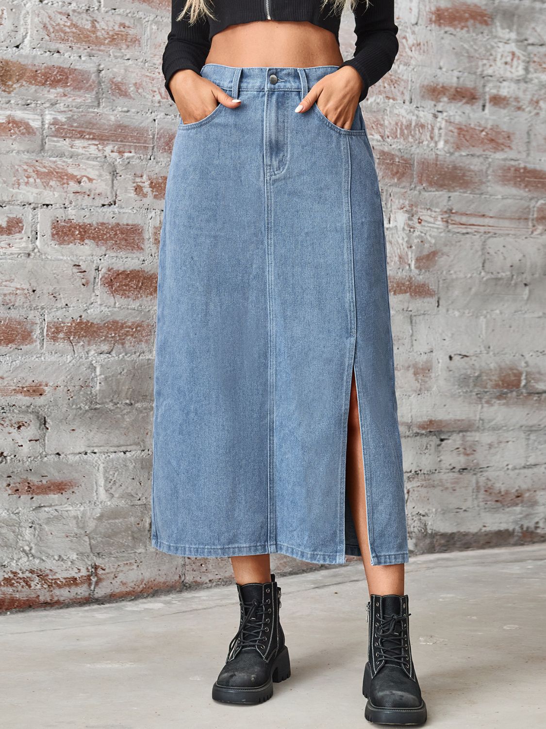 Slit High Waist Denim Skirt with Pockets Sunset and Swim   