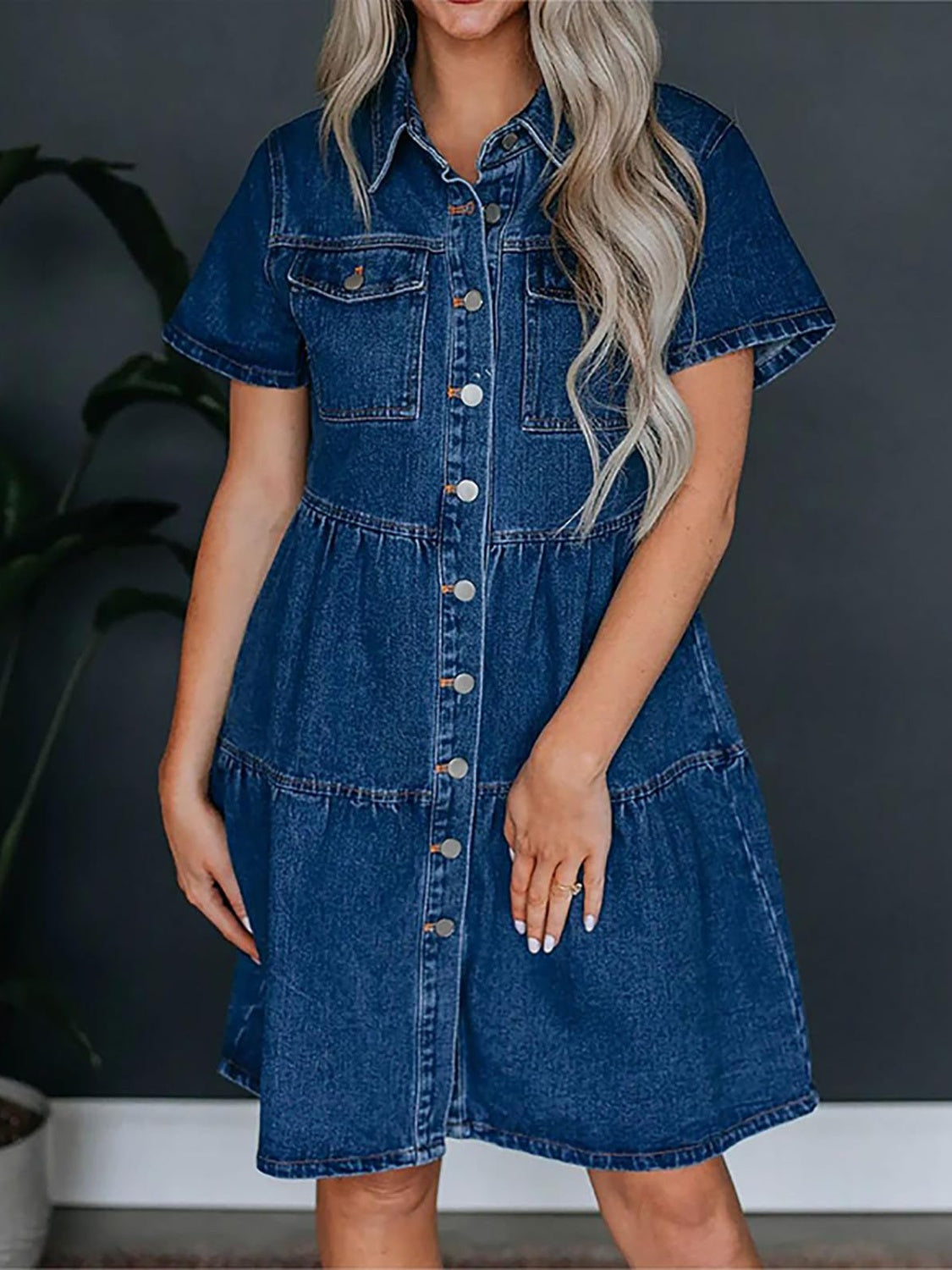 Pocketed Button Up Collared Neck Short Sleeve Denim Dress Sunset and Swim   