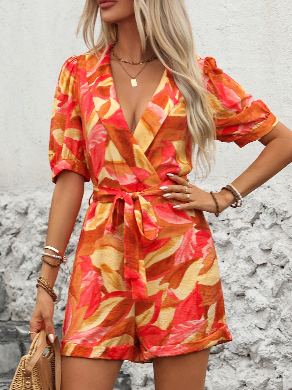 Printed Surplice Half Sleeve Romper Sunset and Swim   