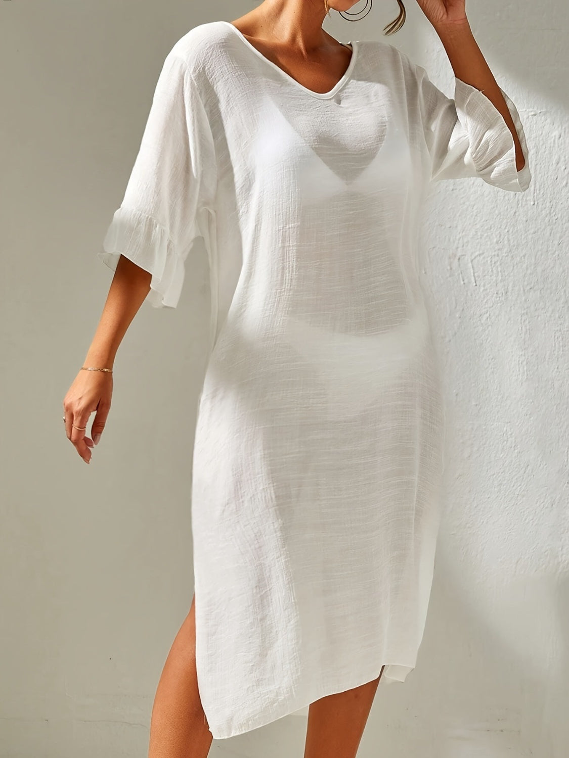 Slit V-Neck Flounce Sleeve Cover-Up Sunset and Swim   