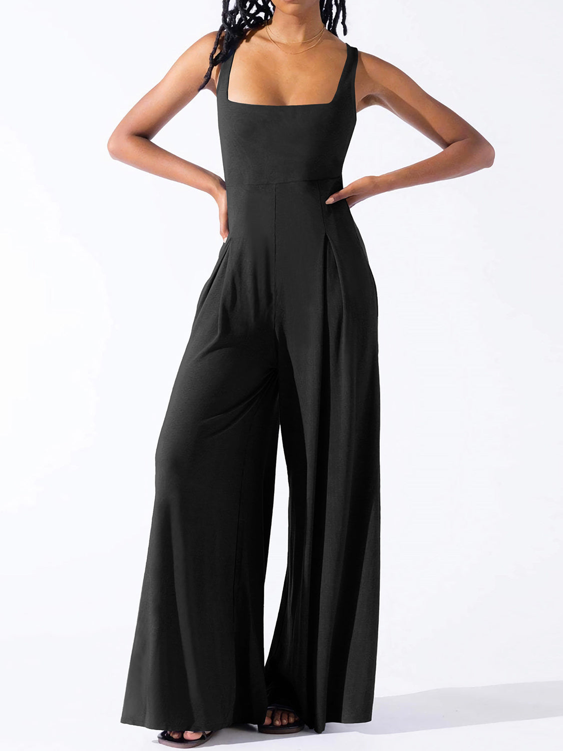 Square Neck Wide Strap Jumpsuit Sunset and Swim   