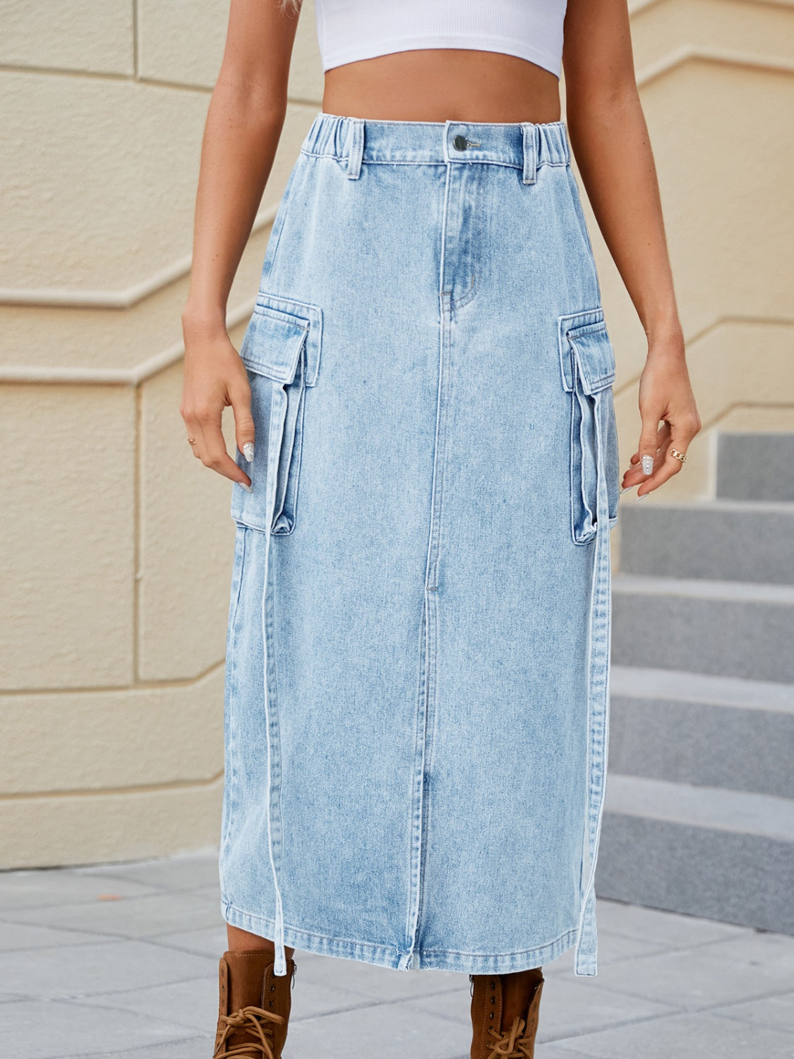 Slit Pocketed High Waist Denim Skirt Sunset and Swim Misty  Blue S 