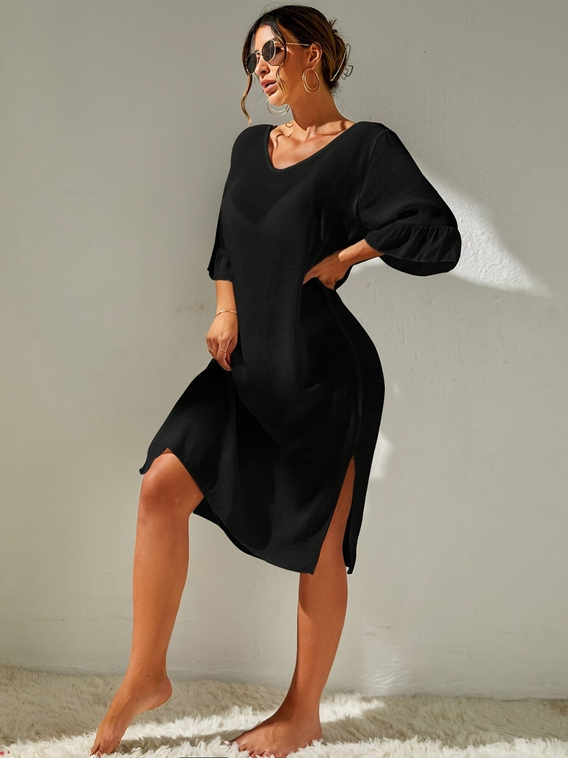 Slit V-Neck Flounce Sleeve Cover-Up Sunset and Swim   