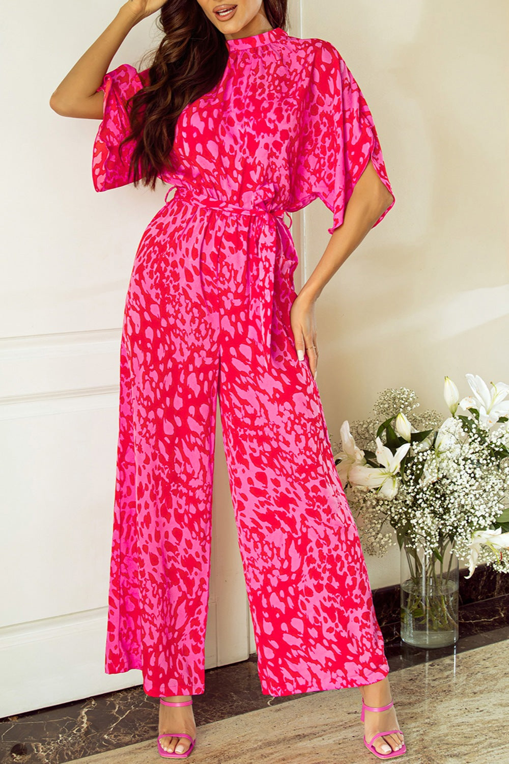 Sunset and Swim  Printed Mock Neck Kimono Sleeve Jumpsuit Sunset and Swim Hot Pink S 