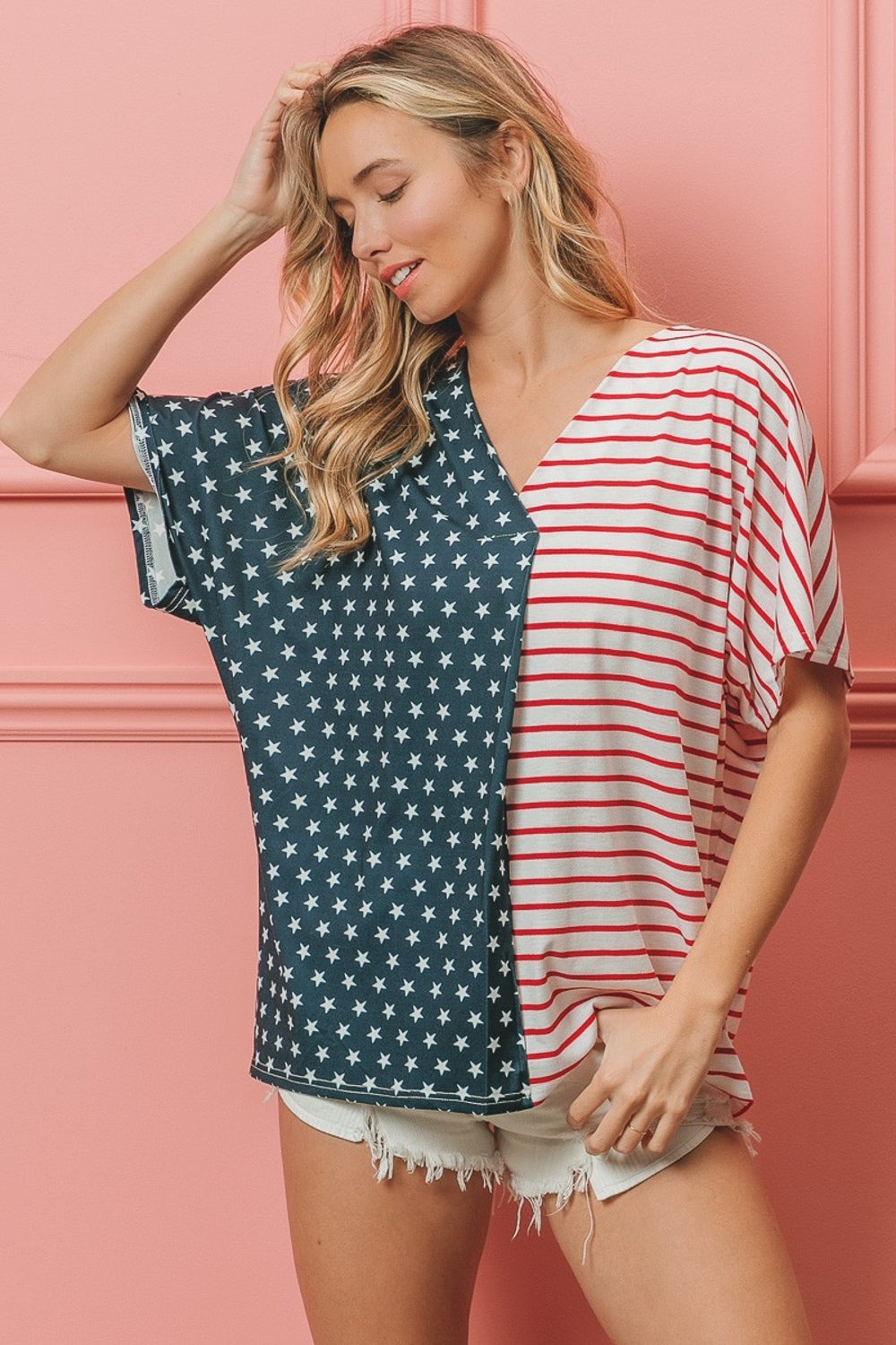 BiBi US Flag Themed Color Block Short Sleeve T-Shirt Sunset and Swim   