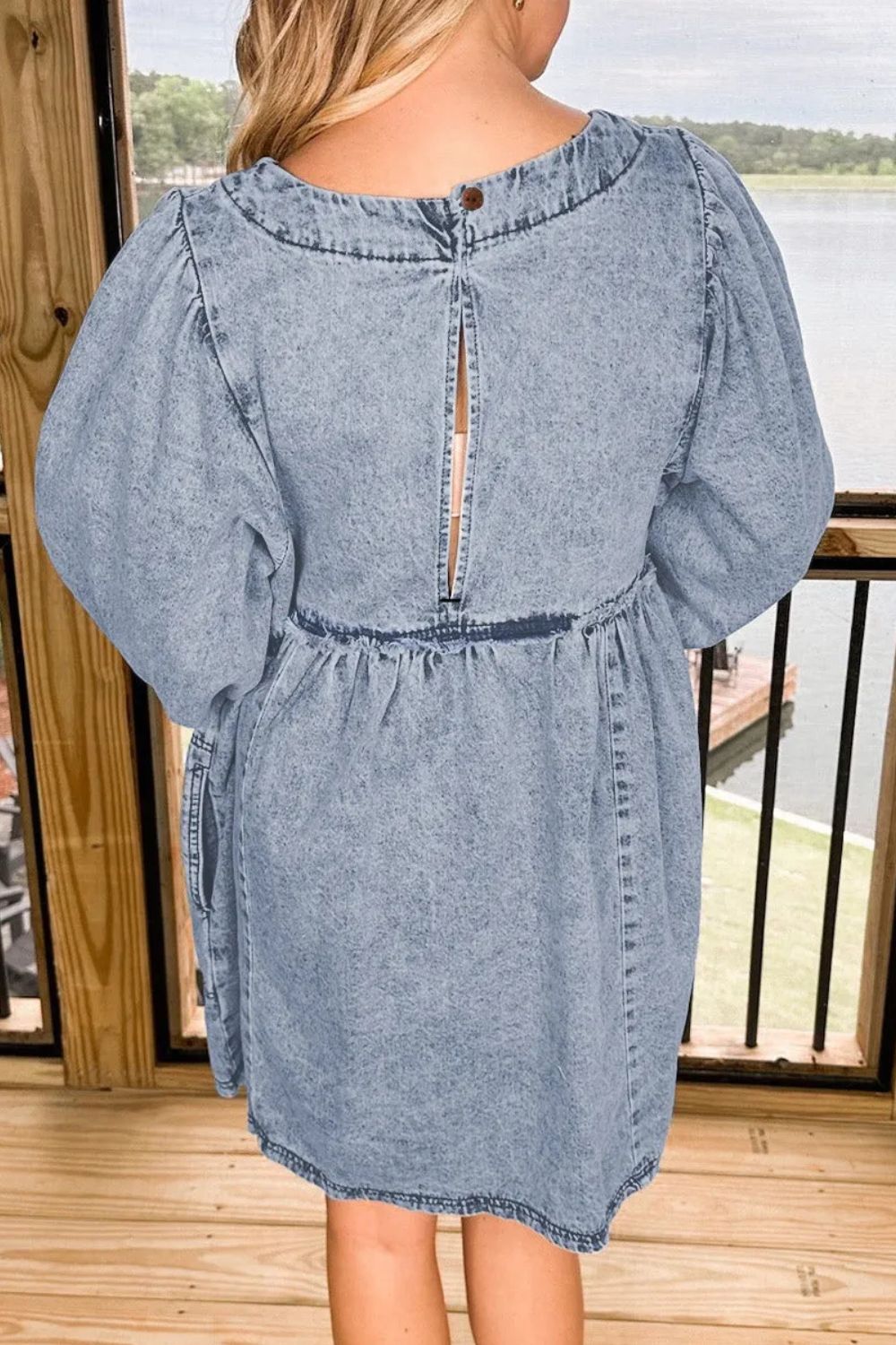 Round Neck Long Sleeve Denim Dress Sunset and Swim   