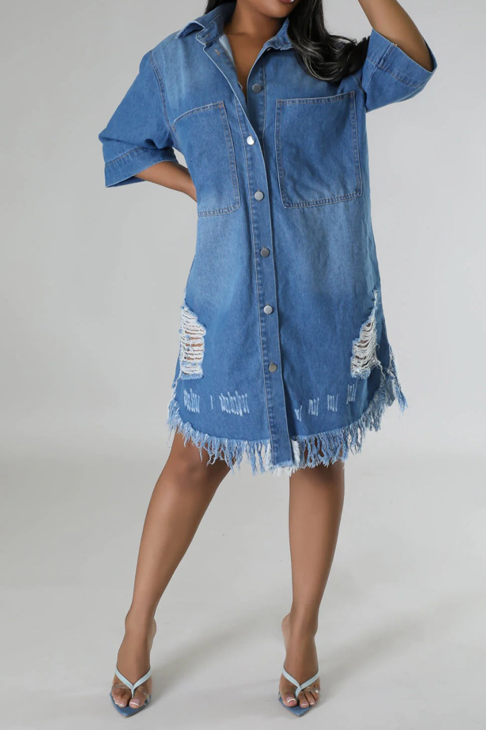 Sunset Vacation  Distressed Raw Hem Button Up Denim Dress Sunset and Swim   