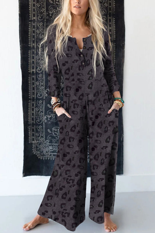 Leopard Buttoned Wide Leg Jumpsuit  Sunset and Swim Charcoal S 