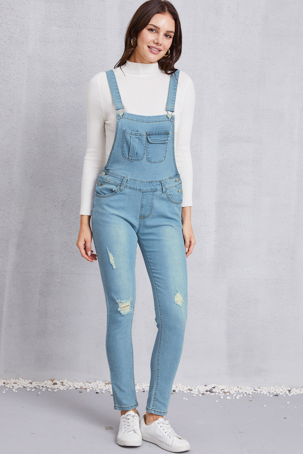 Distressed Washed Denim Overalls with Pockets Sunset and Swim   