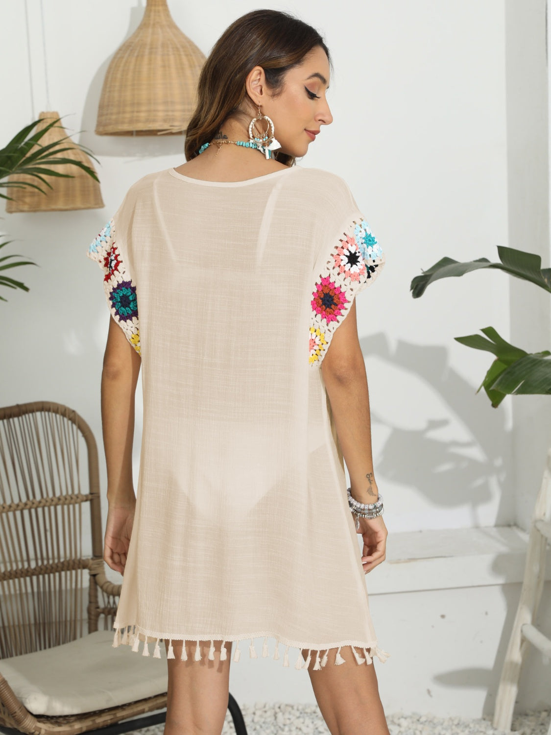 Sunset Vacation  Tassel Boat Neck Flutter Sleeve Cover Up  Sunset and Swim   