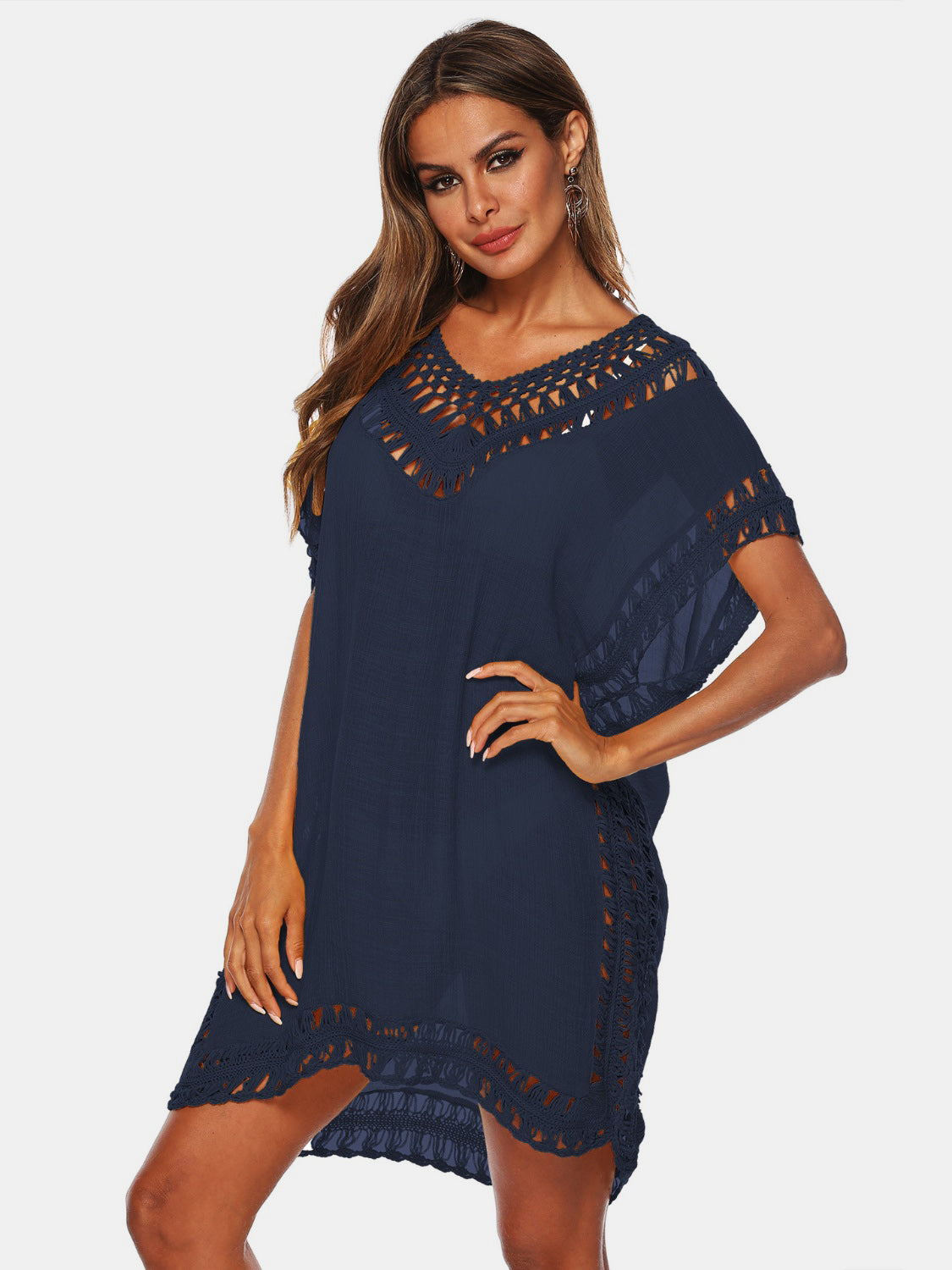 Sunset Vacation  Cutout V-Neck Short Sleeve Cover-Up  Sunset and Swim Navy One Size 