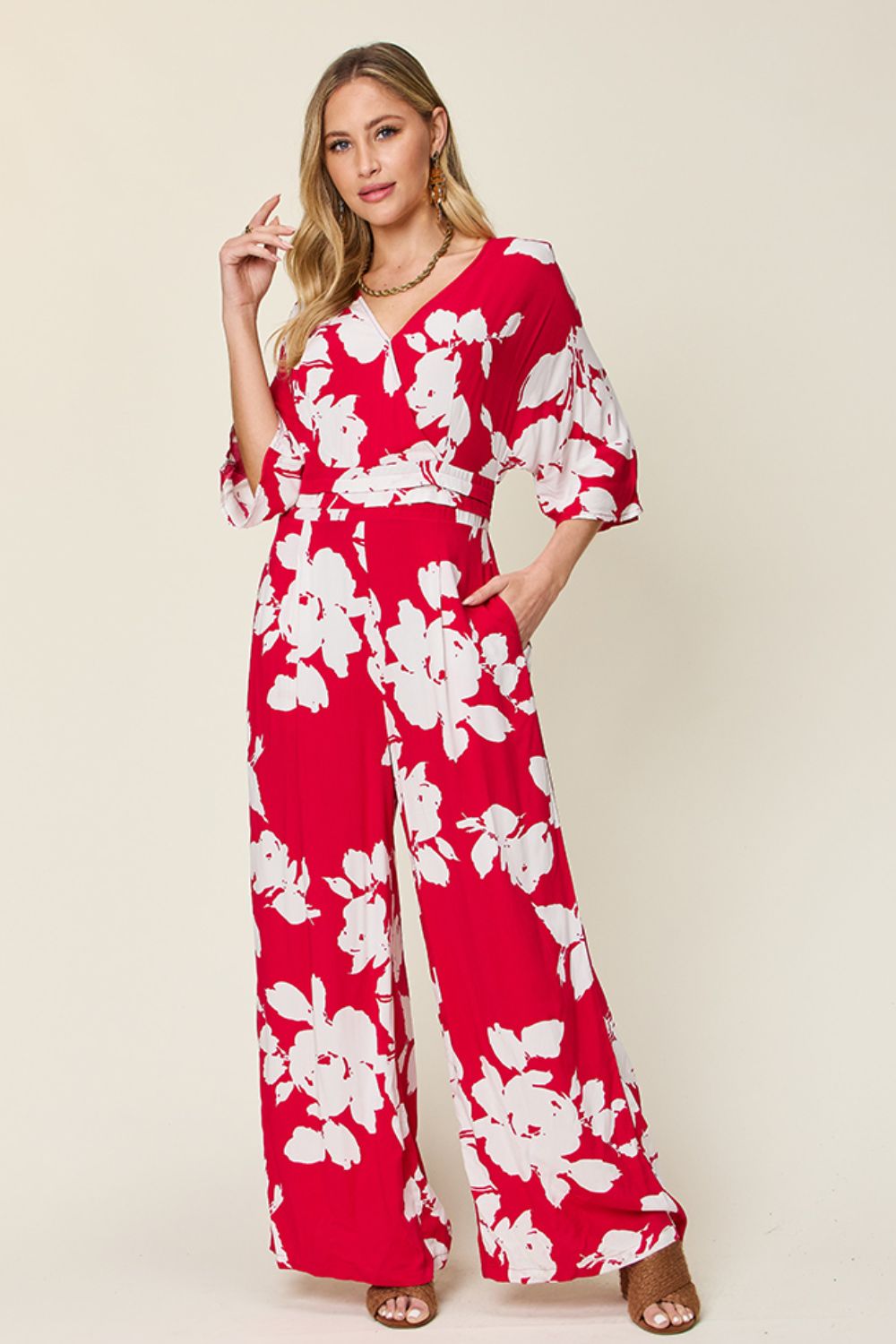 Sunset and Swim  Plus Size Printed Tie Back Wide Leg Jumpsuit Sunset and Swim Deep Rose S 