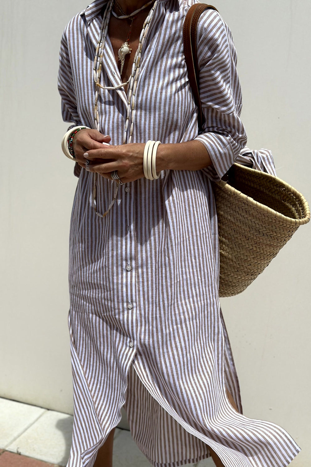 Tied Button Up Three-Quarter Sleeve Dress Sunset and Swim Mocha S 