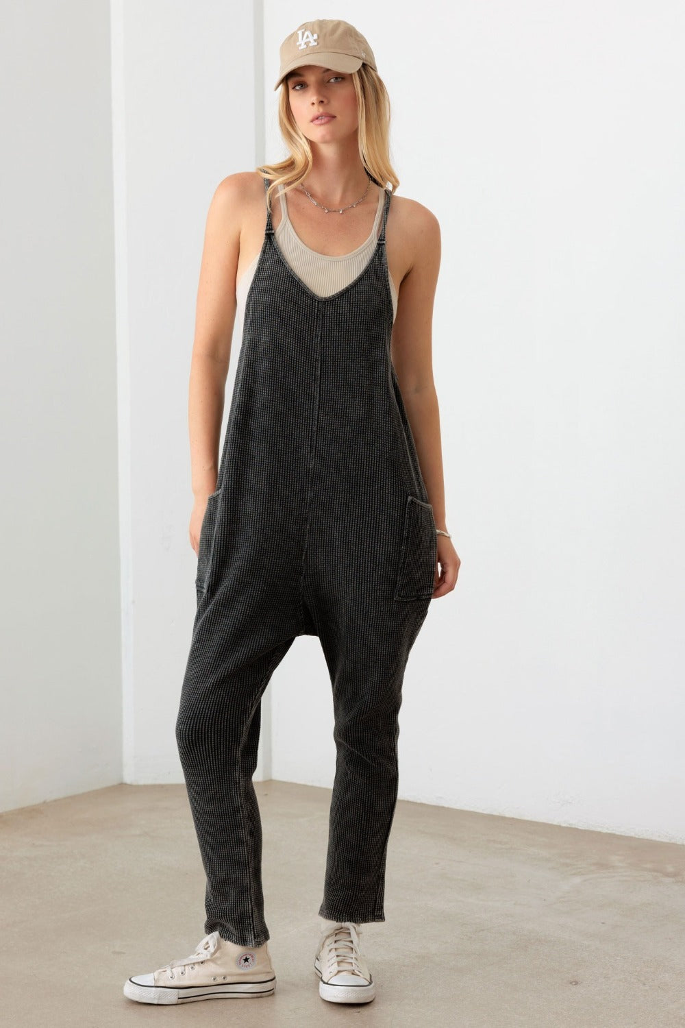 Le Lis Waffle Knit Side Pocket Jumpsuit Sunset and Swim Charcoal XS 