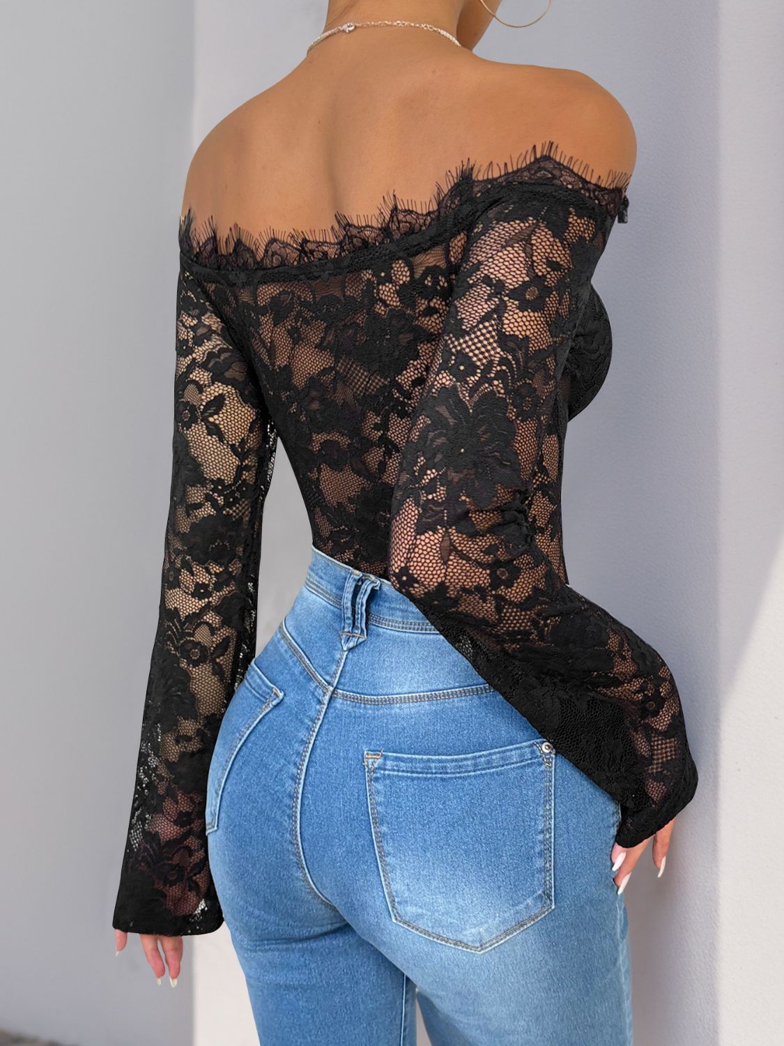 Perfee Lace Off-Shoulder Long Sleeve Bodysuit Sunset and Swim   