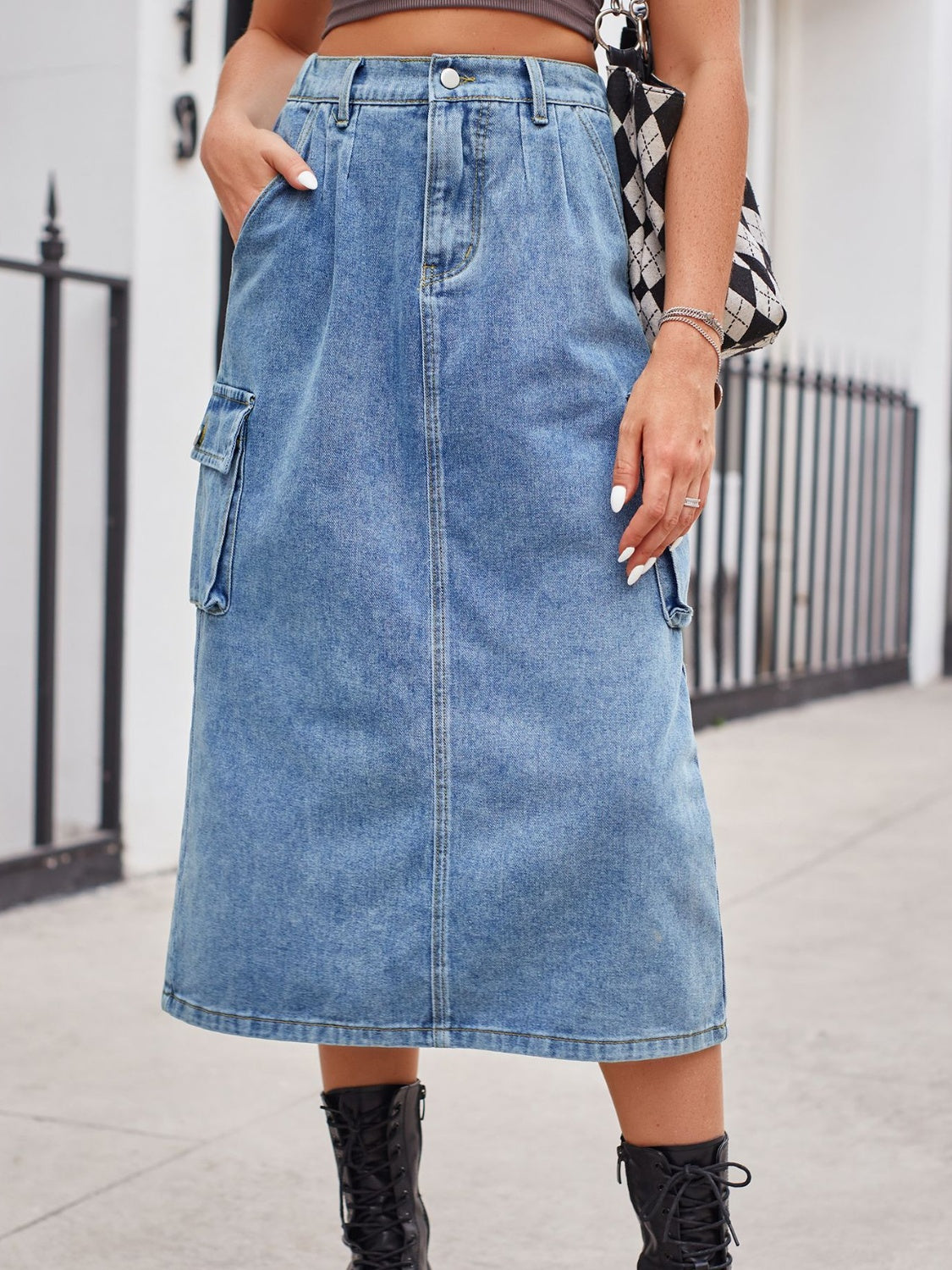 Slit Buttoned Denim Skirt with Pockets  Sunset and Swim   