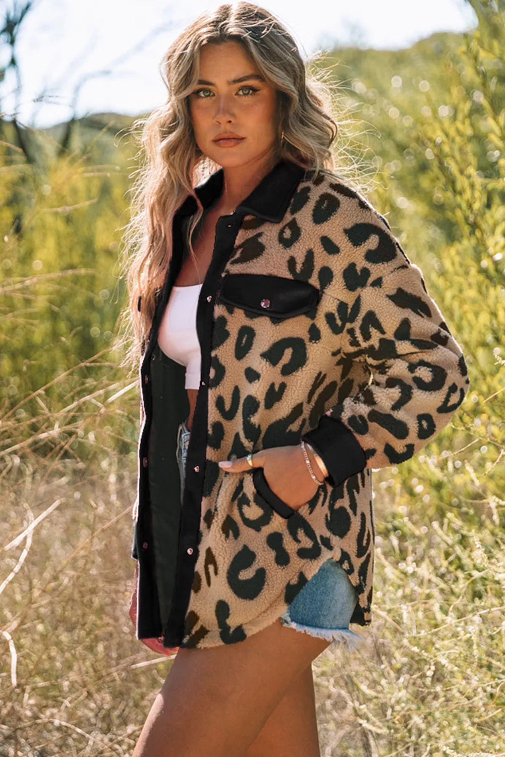 Leopard Button Up Long Sleeve Jacket Sunset and Swim   