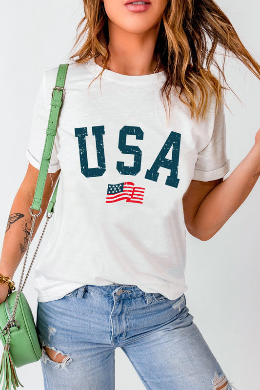USA Round Neck Short Sleeve T-Shirt  Sunset and Swim White S 