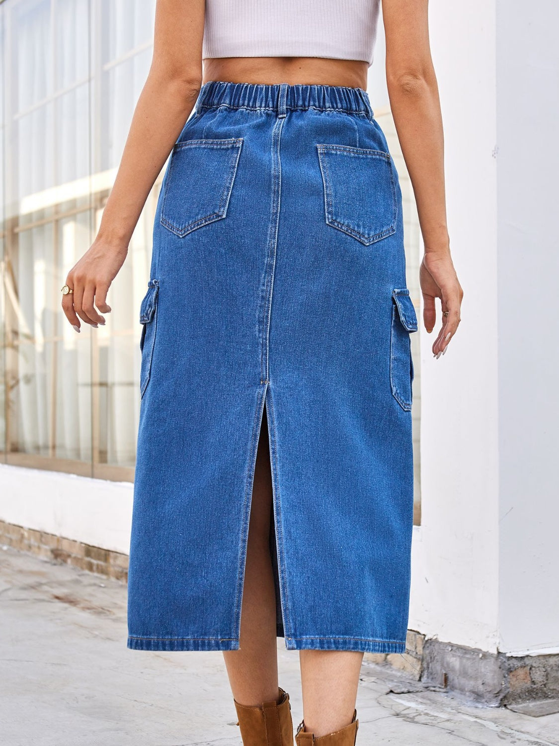 Sunset and Swim  Slit Midi Denim Skirt with Pockets Sunset and Swim   