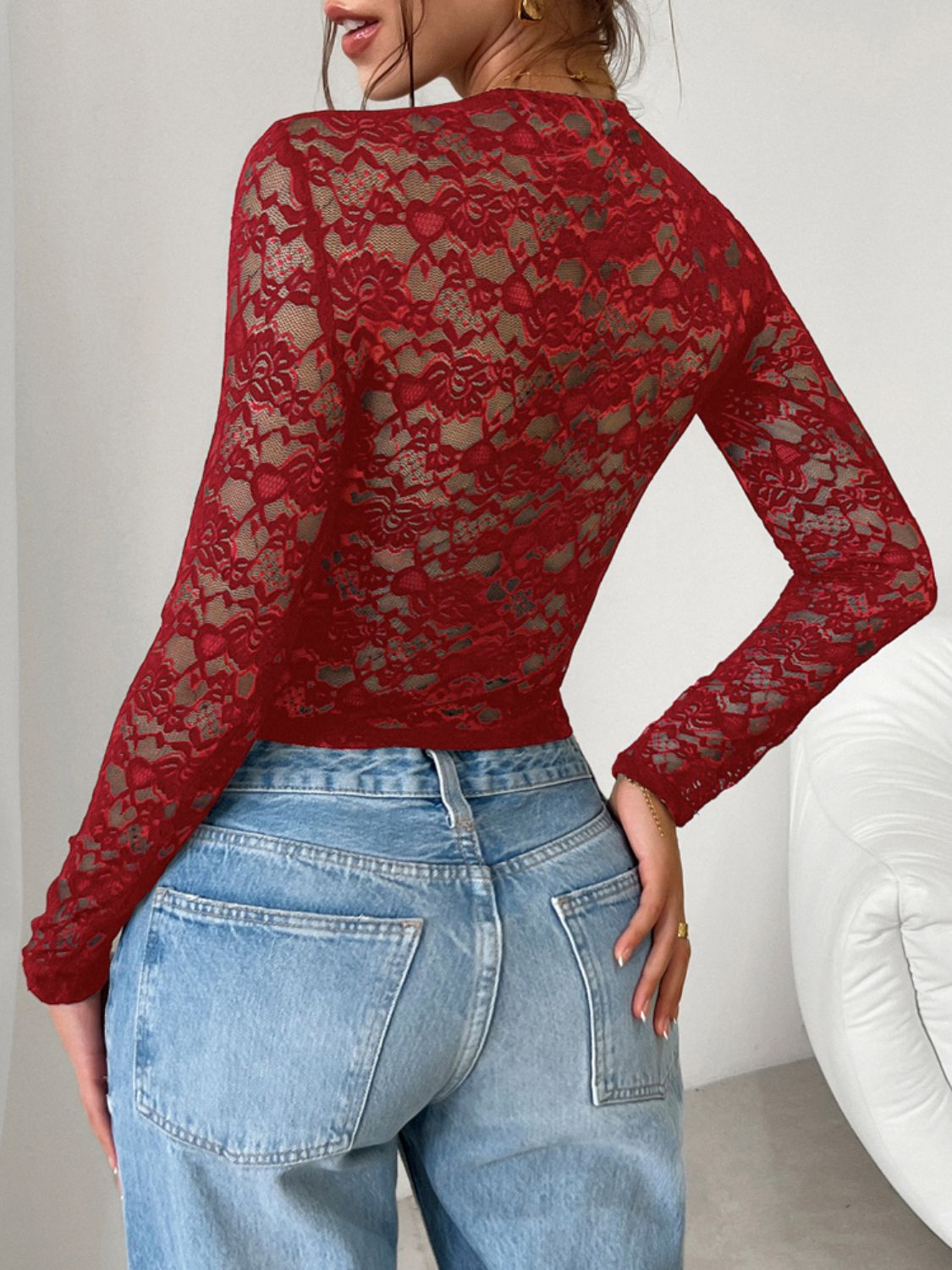 Devine Scoop Neck Long Sleeve Lace Top Sunset and Swim   