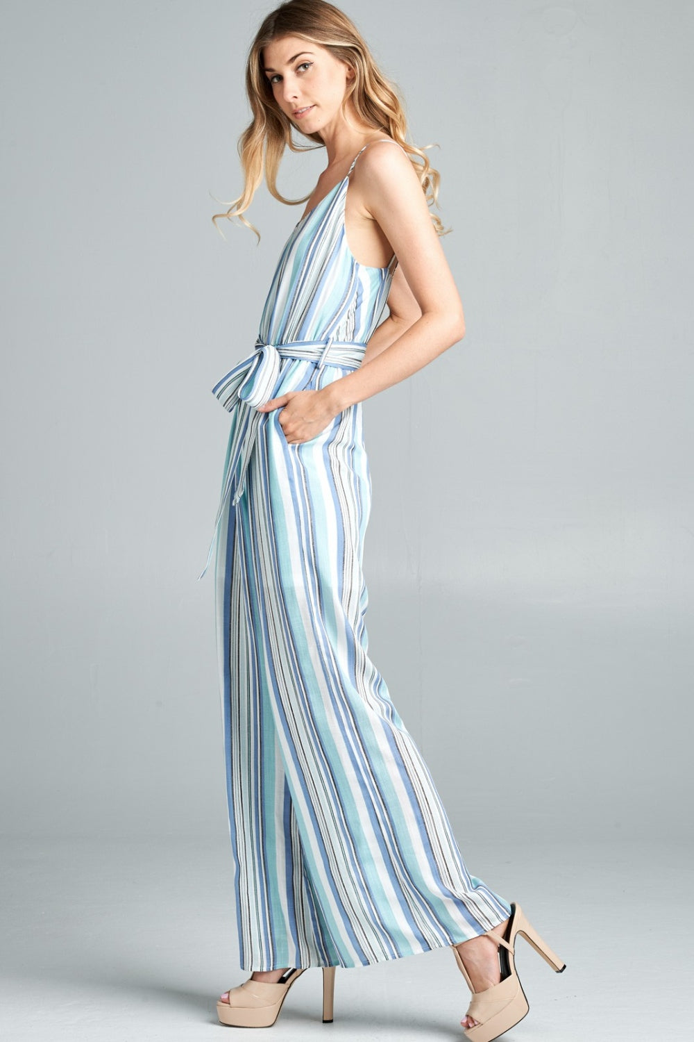 Cotton Bleu by Nu Label Tie Front Striped Sleeveless Jumpsuit Sunset and Swim   