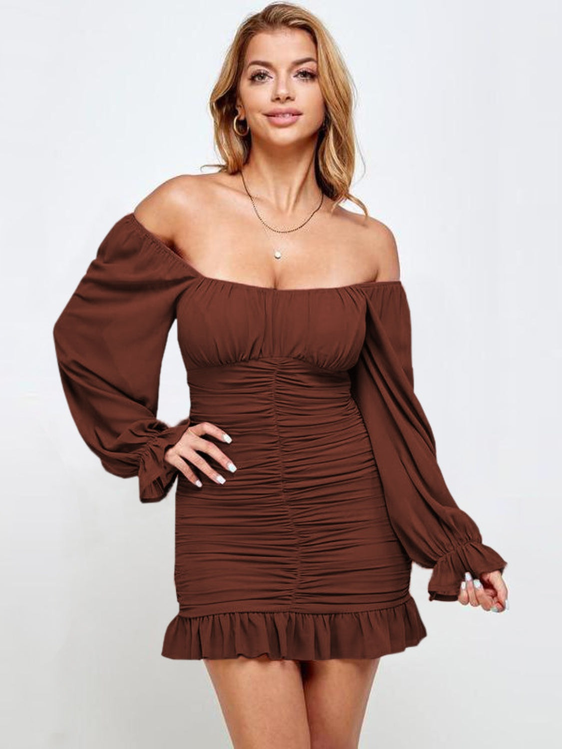 Ruffled Ruched Flounce Sleeve Mini Dress Sunset and Swim   