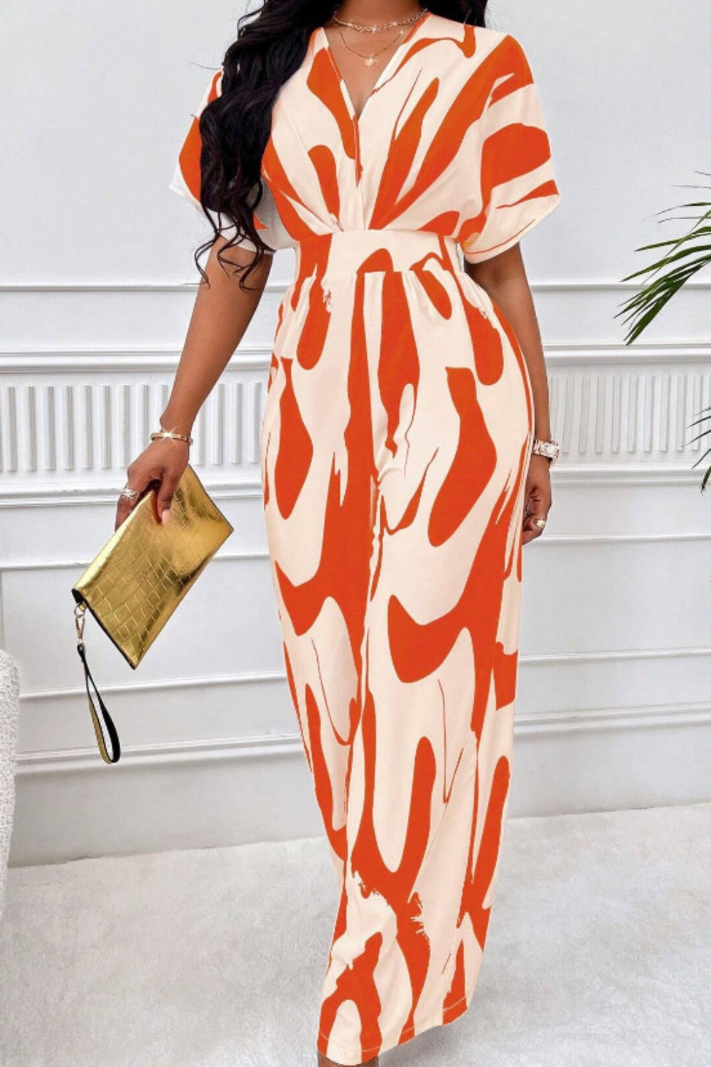 Printed V-Neck Short Sleeve Wide Leg Jumpsuit Sunset and Swim   