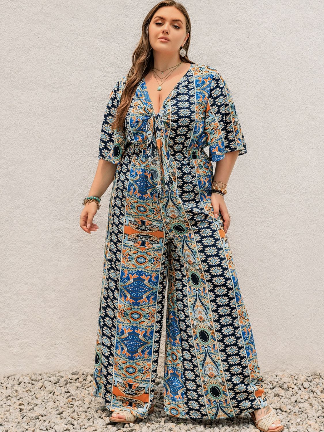 Sunset Vacation Plus Size Printed Half Sleeve Wide Leg Jumpsuit Sunset and Swim Peacock  Blue 0XL 