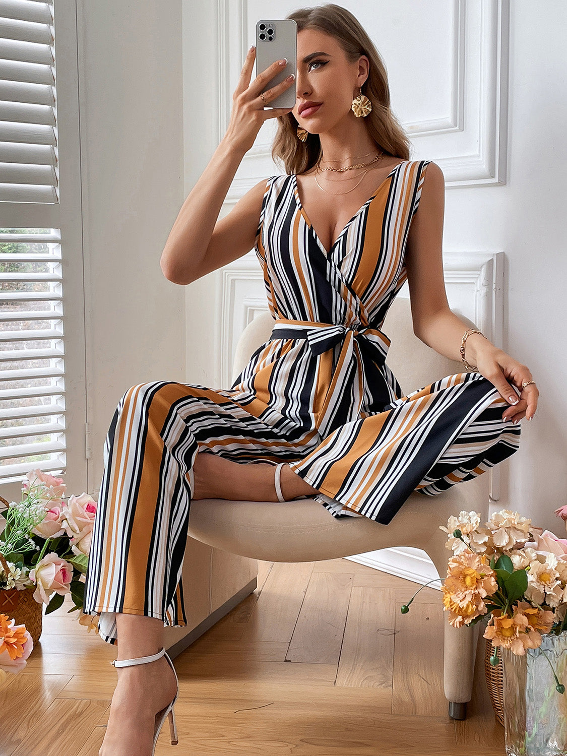 Striped Surplice Neck Sleeveless Wide Leg Jumpsuit Sunset and Swim   