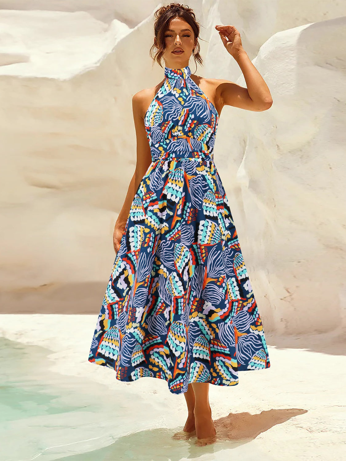 Sunset Vacation Ruched Printed Halter Neck Sleeveless Dress Sunset and Swim Dark Blue S 