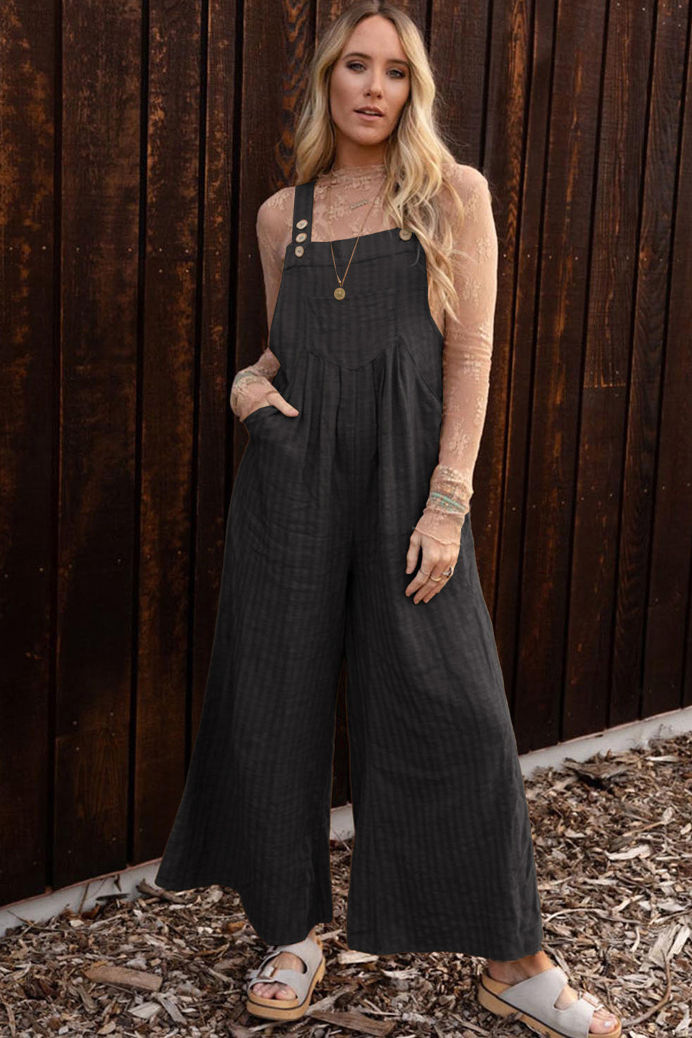Texture Buttoned Wide Leg Overalls Sunset and Swim   
