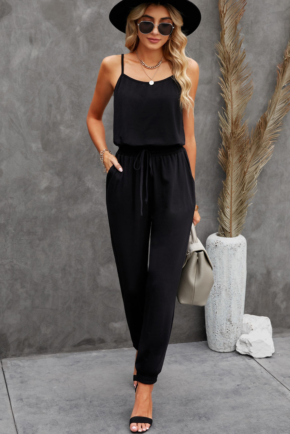 Spaghetti Strap Jumpsuit with Pockets Sunset and Swim   