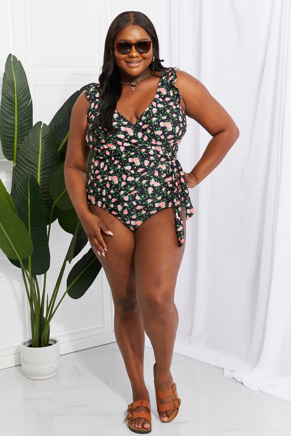 Marina West Swim Full Size Float On Ruffle Faux Wrap One-Piece in Floral  Sunset and Swim   