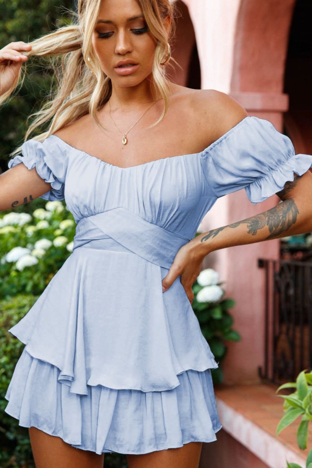 Off Shoulder Flounce Sleeve Romper Sunset and Swim Light Blue S 