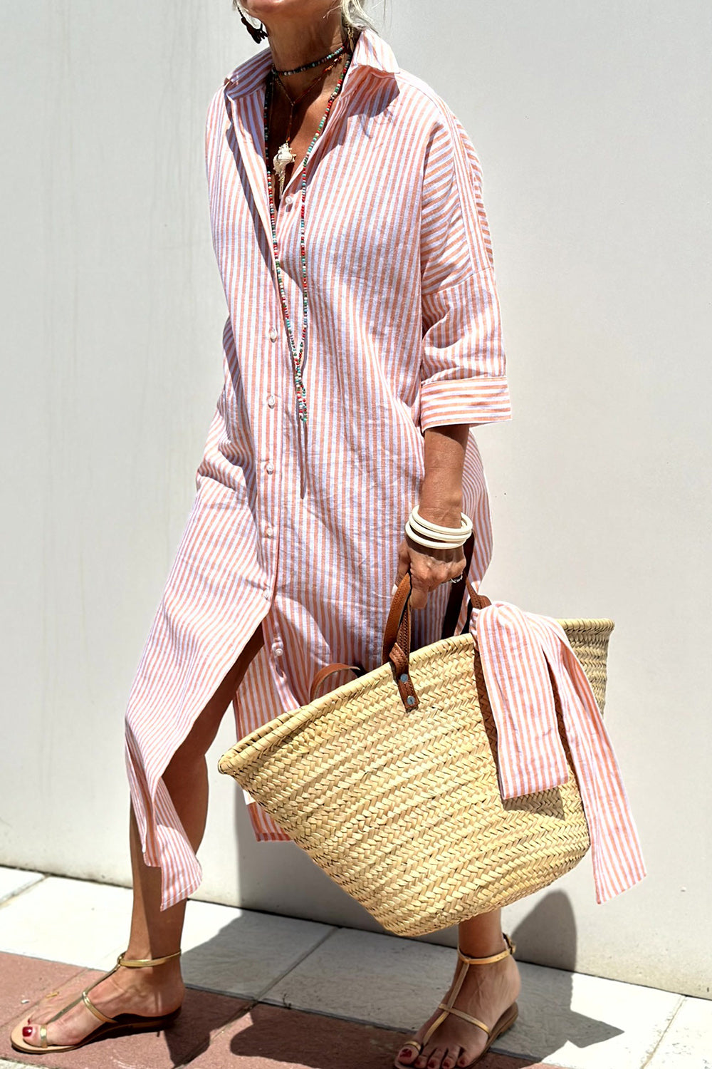 Tied Button Up Three-Quarter Sleeve Dress Sunset and Swim Blush Pink S 