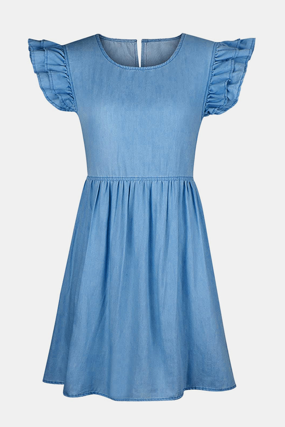 Full Size Ruffled Round Neck Cap Sleeve Denim Dress Sunset and Swim   