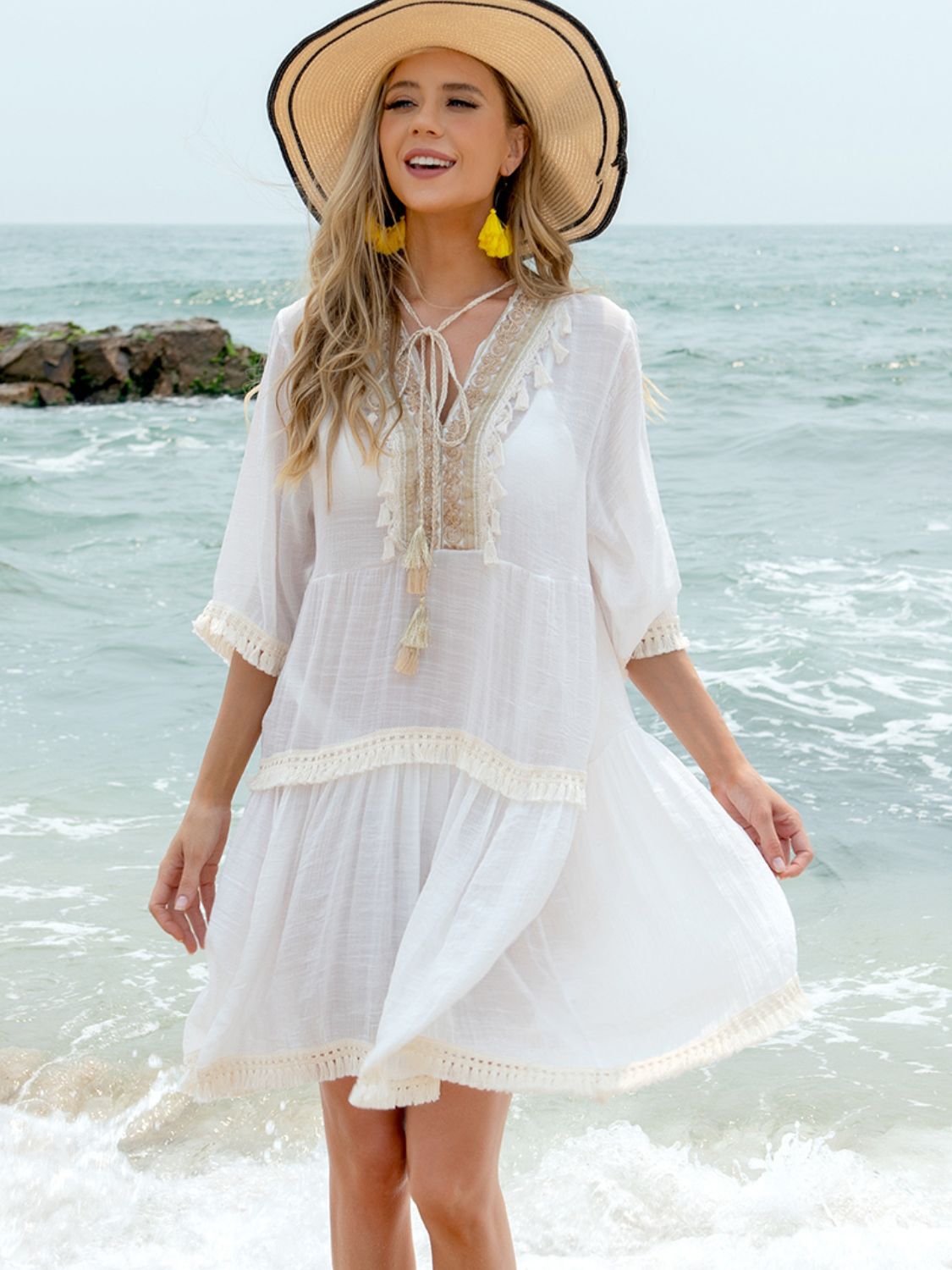 Sunset Vacation Tassel Lace Detail Half Sleeve Cover-Up Dress Sunset and Swim White One Size 
