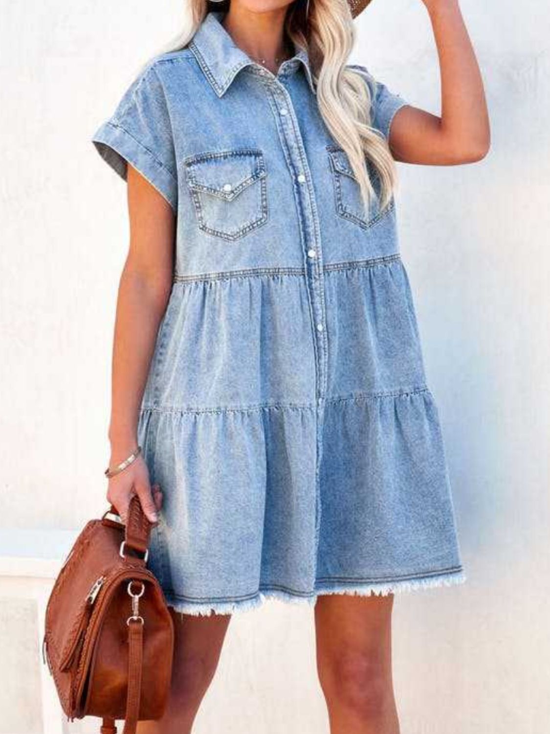 Raw Hem Short Sleeve Denim Dress Sunset and Swim Light Blue S 