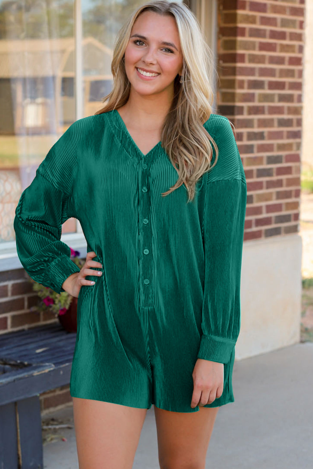 Ribbed V-Neck Half Buttoned Romper Sunset and Swim   