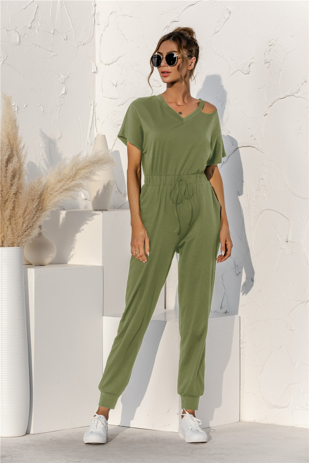 Sunset and Swim Cut Out V-neck Drawstring Jumpsuit Sunset and Swim Green S 