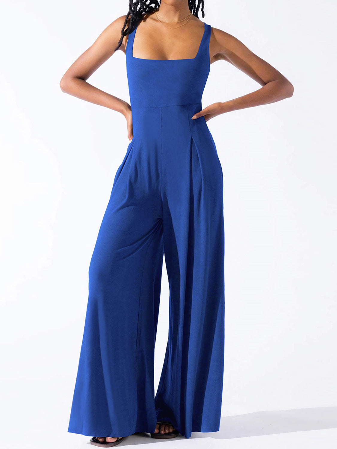Square Neck Wide Strap Jumpsuit Sunset and Swim Royal  Blue S 