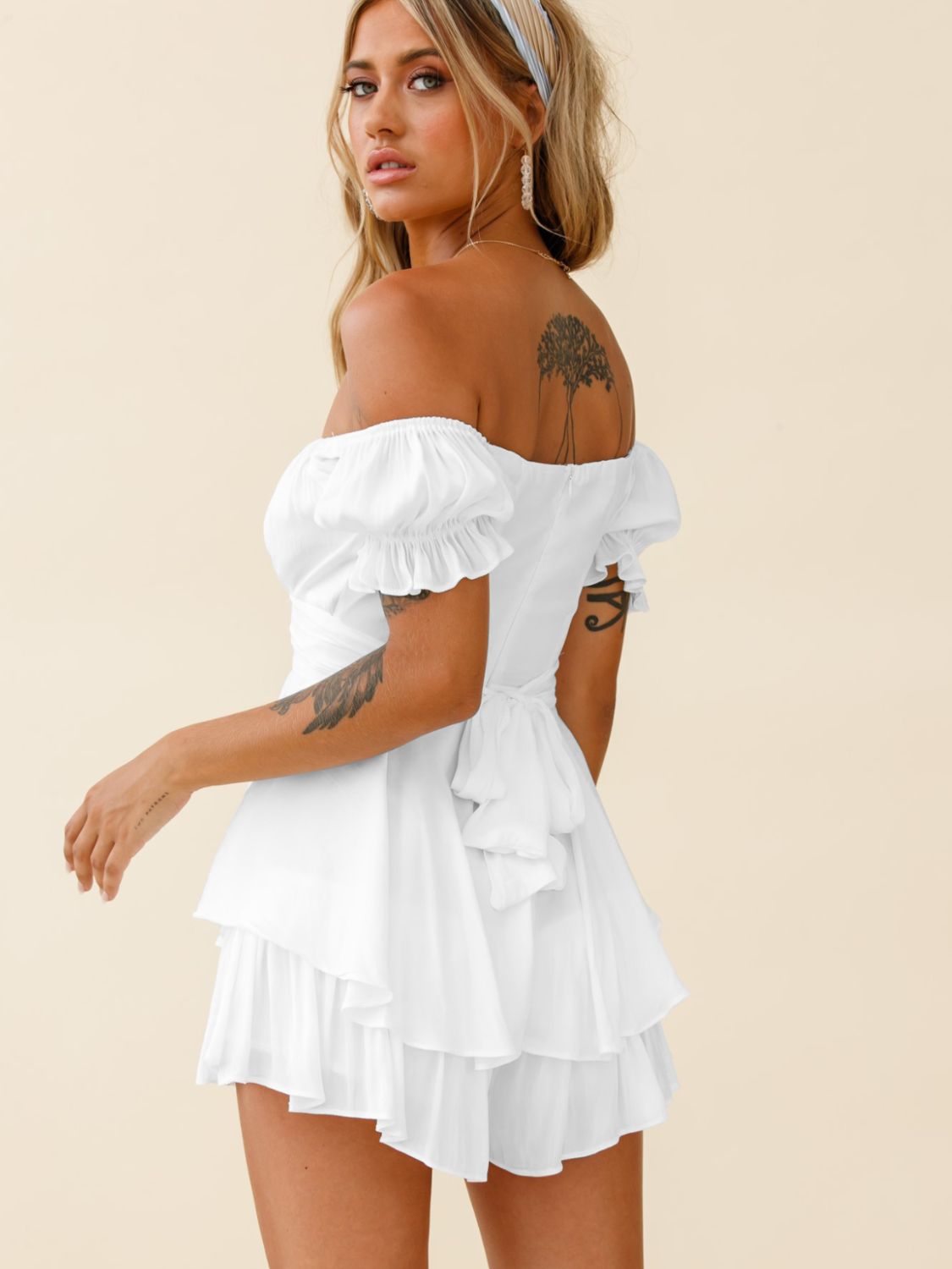 Off Shoulder Flounce Sleeve Romper Sunset and Swim   