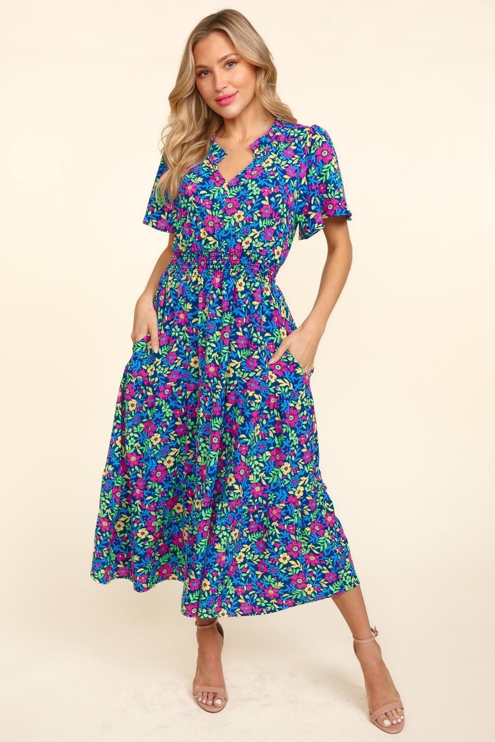 Sunset Vacation Printed Notched Short Sleeve Dress with Pockets Sunset and Swim Navy S 