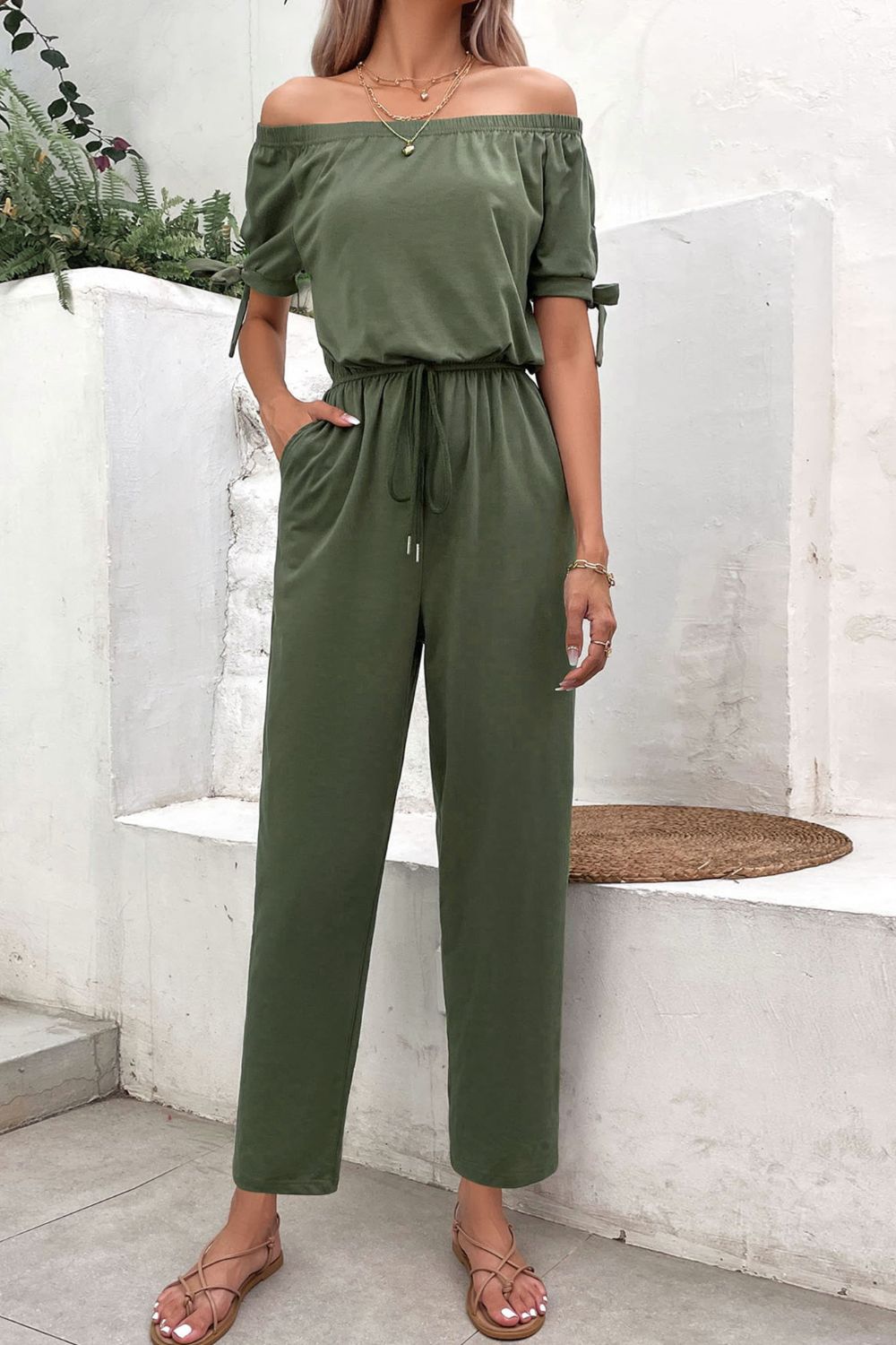 Off-Shoulder Tie Cuff Jumpsuit with Pockets Sunset and Swim   