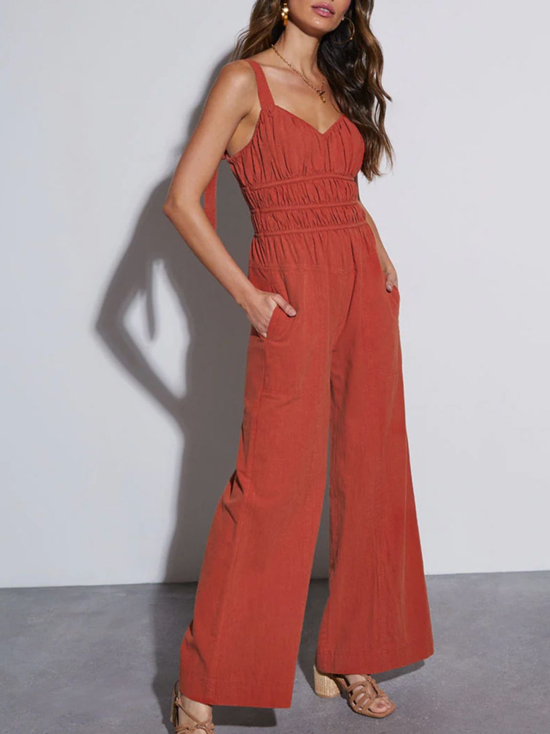 Ruched Wide Strap Jumpsuit with Pockets Sunset and Swim Orange-Red M 