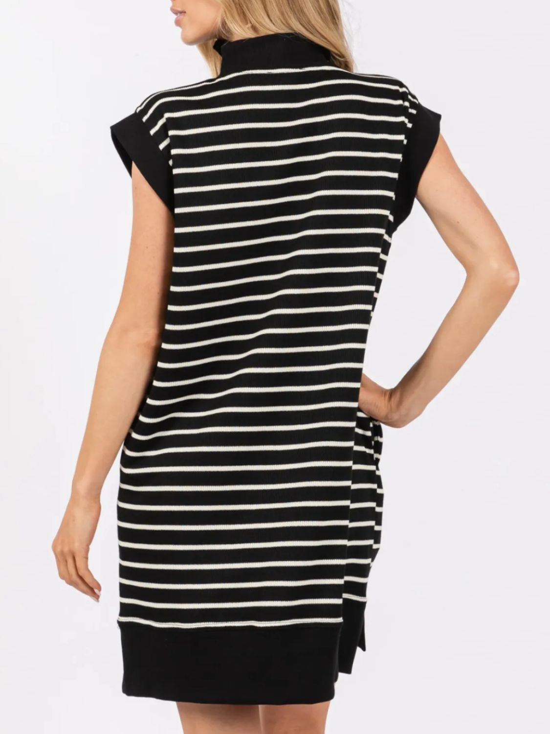 Sunset Vacation Full Size Pocketed Striped Quarter Zip Cap Sleeve Dress Sunset and Swim   